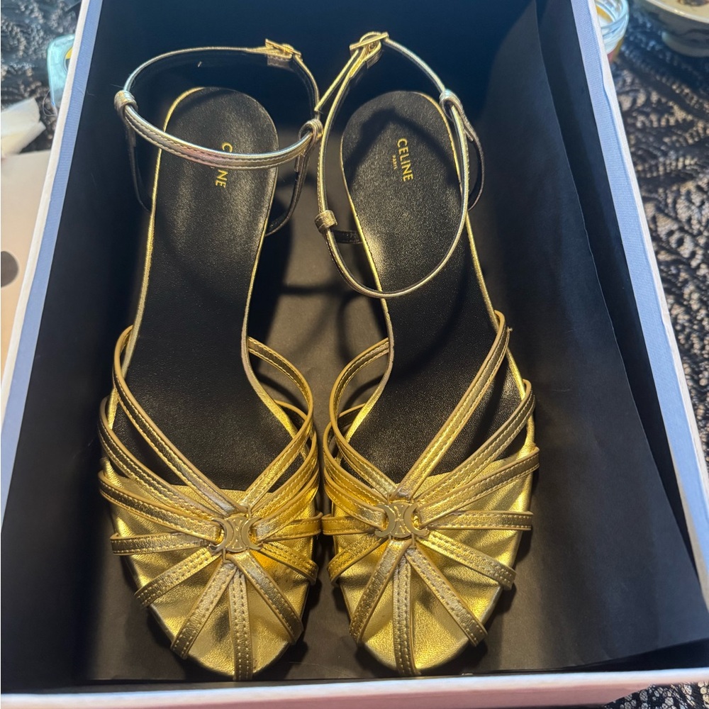 Celine Strappy Triomphe Gold Leather Sandals size 8.5